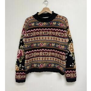 Vintage Handknitted Express Tricot Floral Stripes Chunky Cottage Sweater Medium